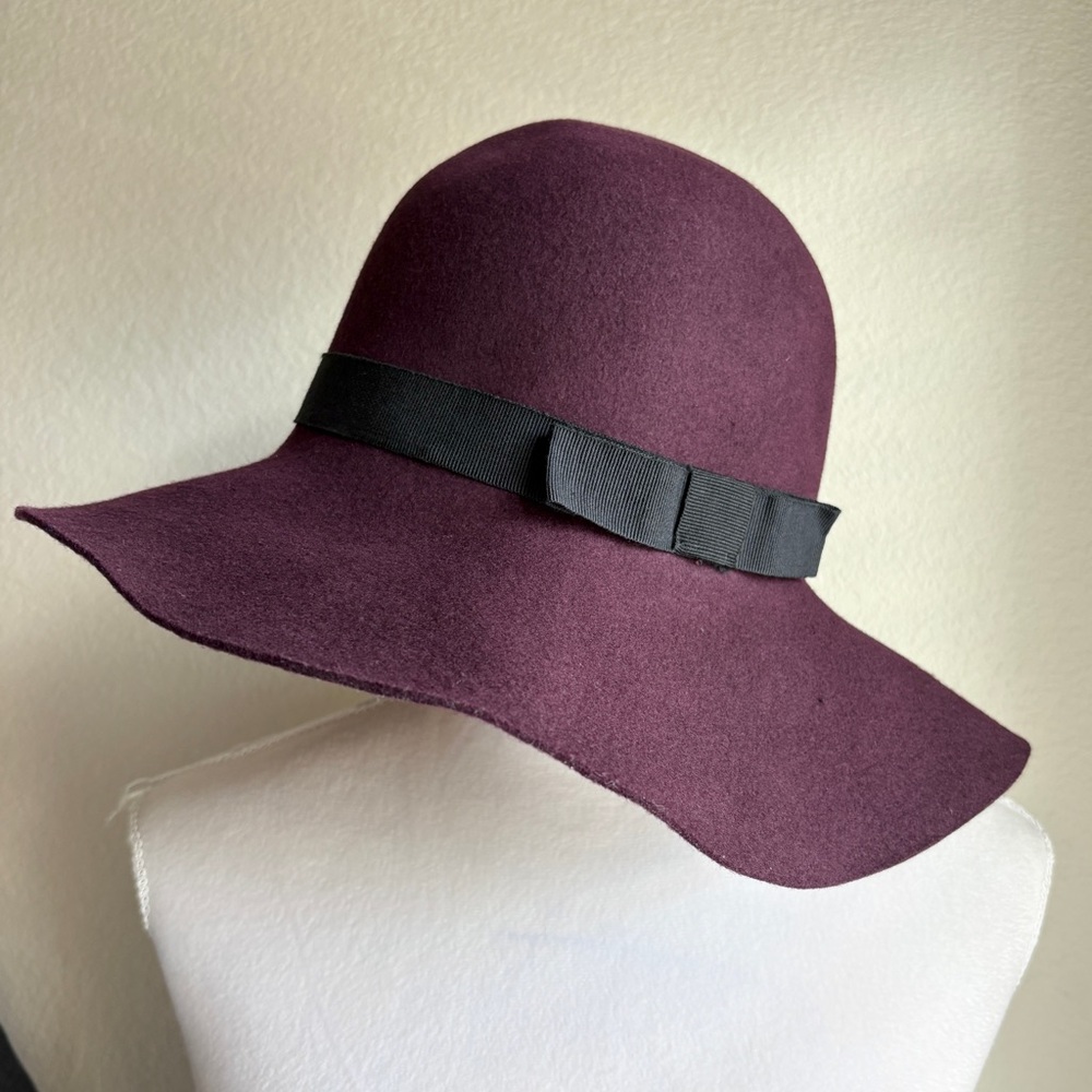Maje Eggplant Purple 100% Wool Wide Brim Ribbon Trim Hat